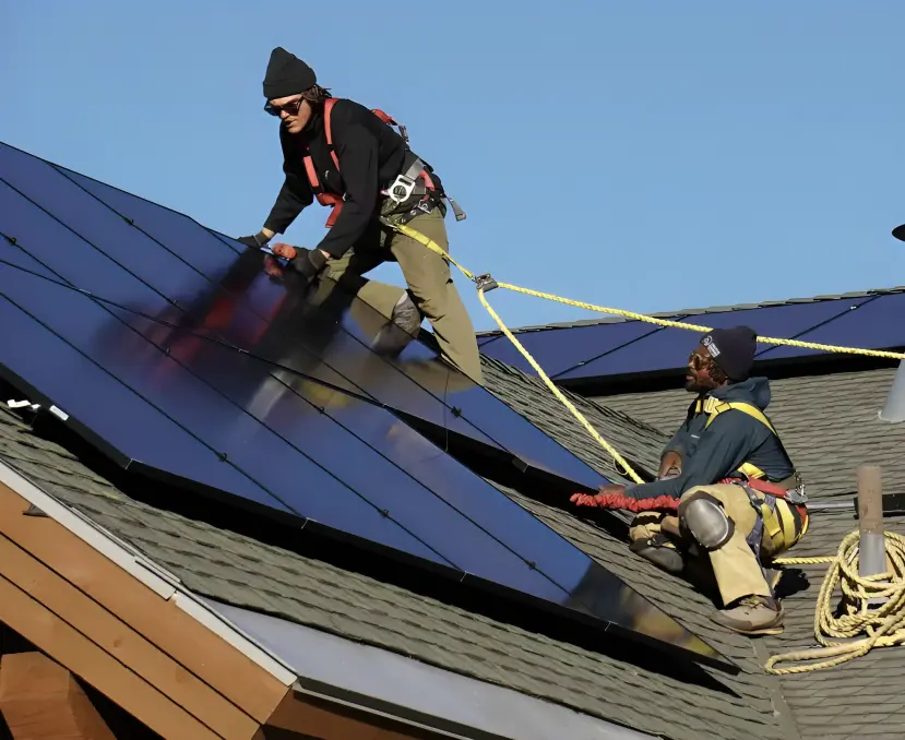 Two Creative Energies installers securing solar panels on a residential rooftop